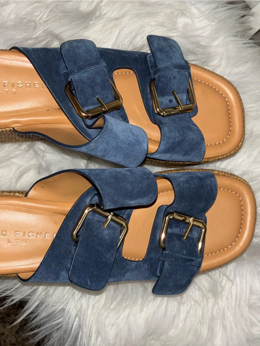 Like New Marc Fisher Navy Suede Wedge Slide Sandals with Buckles Sz 8.5 M